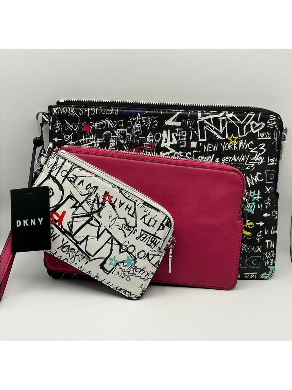 DKNY 3 Piece Pouch Set Wristlet Cosmetic Bags NWT